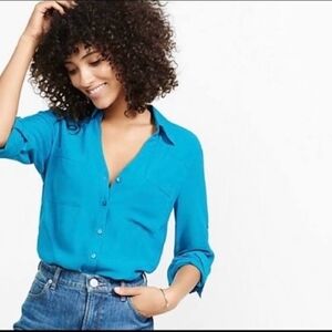 Express The Portofino Shirt Slim Fit Button Down Long Sleeve Top Cobalt Blue XS